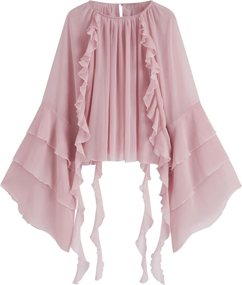 CIDER Womens Blouse Dressy Casual Crew Neck See Through Ruffle Hem Bell Sleeve Loose Fit Chiffon ... | Amazon (US)