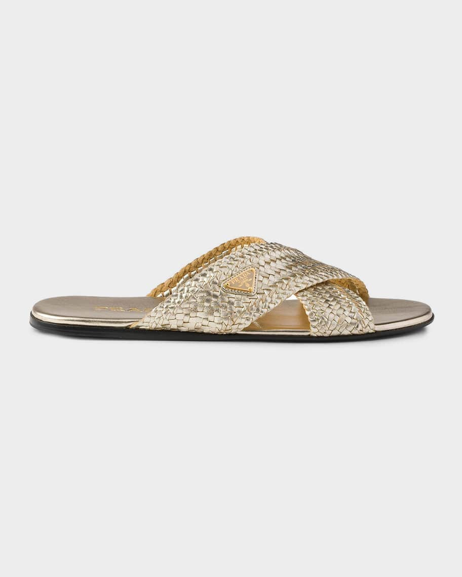 Prada Woven Leather Crisscross Slide Sandals | Neiman Marcus