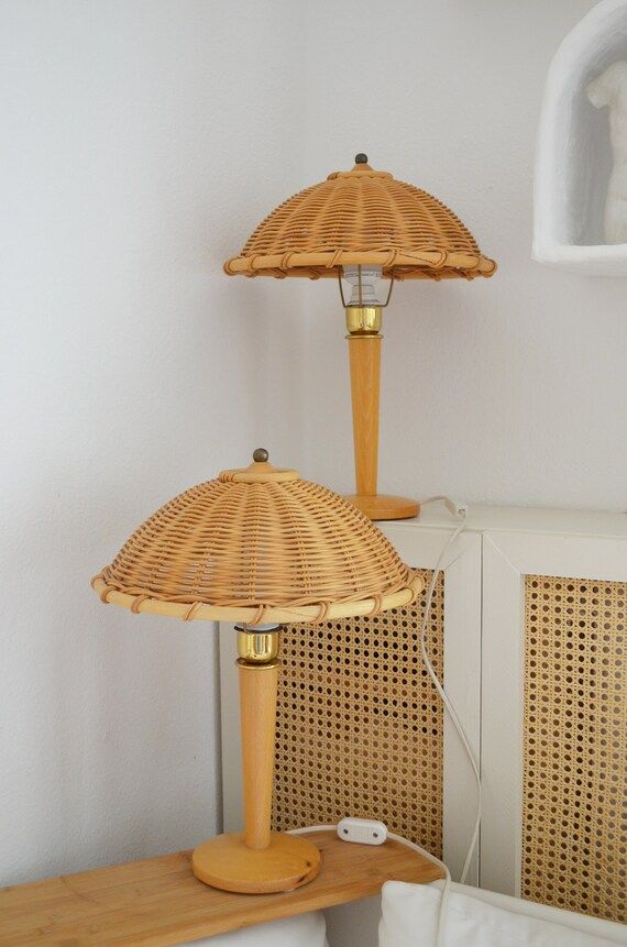 Vintage table lamp set of rattan & wood mid century gold, brass vintage desk lamp, table lamp 195... | Etsy (US)