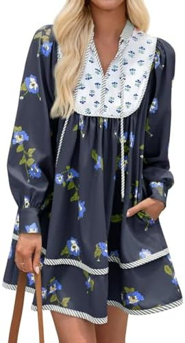 Wenrine Womens Casual Floral Mini Dress 2025 Fall Long Sleeve V Neck Patchwork Loose Boho Shirt D... | Amazon (US)