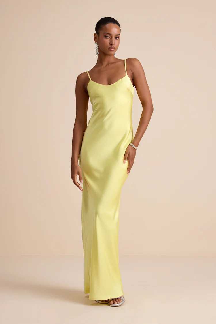 Janet Light Yellow Satin Slip Maxi Dress | Lulus