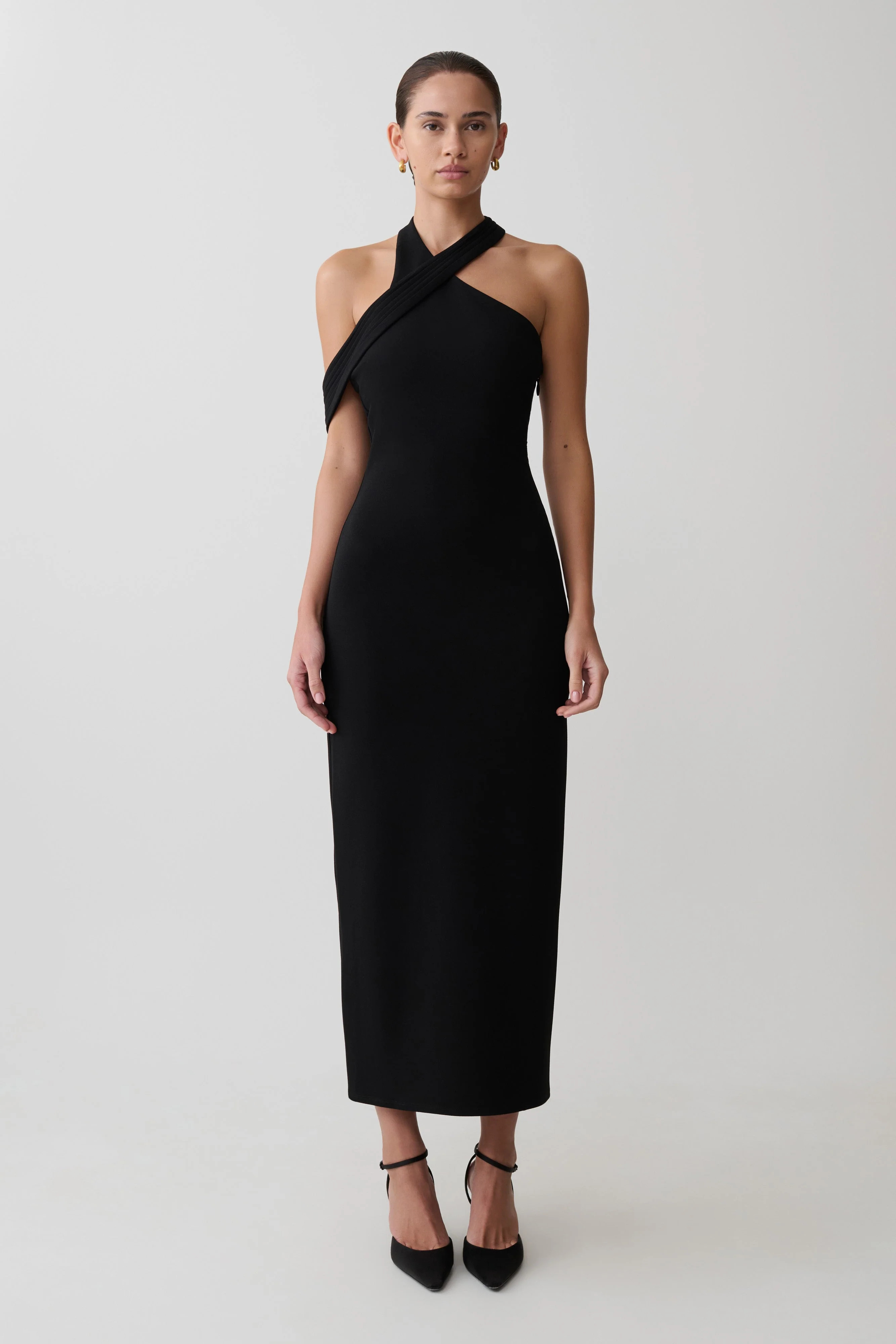 Crossover Crepe Midi Dress - Black | MESHKI US
