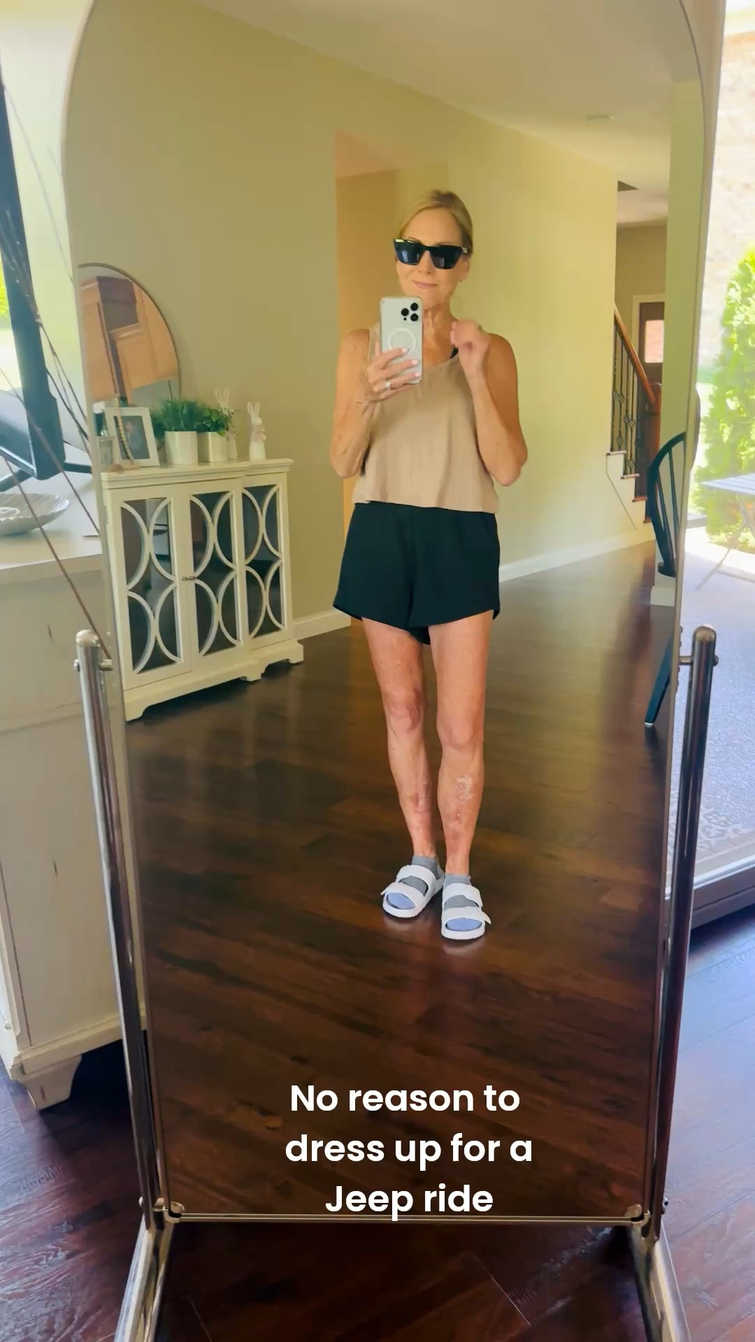 Very casual outfit for a walk and a Jeep ride. 

Target slides - old
Amazon tank top - just got in several colors
Kohls shorts
