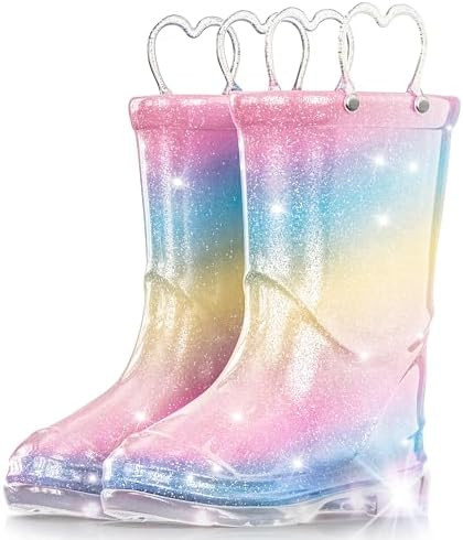 Funspread Toddler Rain Boots Girls Rain Boots - Glitter Light Up Kids Rain Boots with Easy-On Han... | Amazon (US)