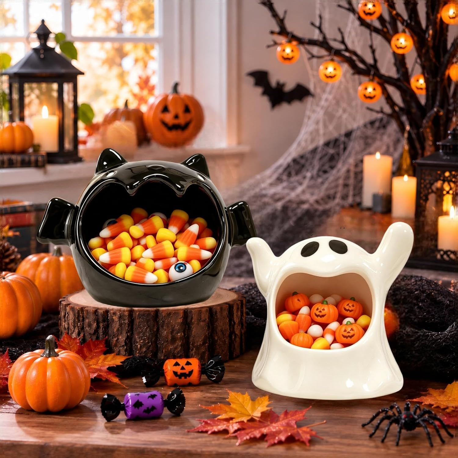 Jremreo 2 Pack Halloween Candy Bowls, 4 Inch Ceramic Ghost and 6.3 Inch Bat Holders, Trick or Treat Dish Candle Holder for Tiered Tray, Ornament Tableware Centerpieces, Gifts and Party Decorations | Amazon (US)