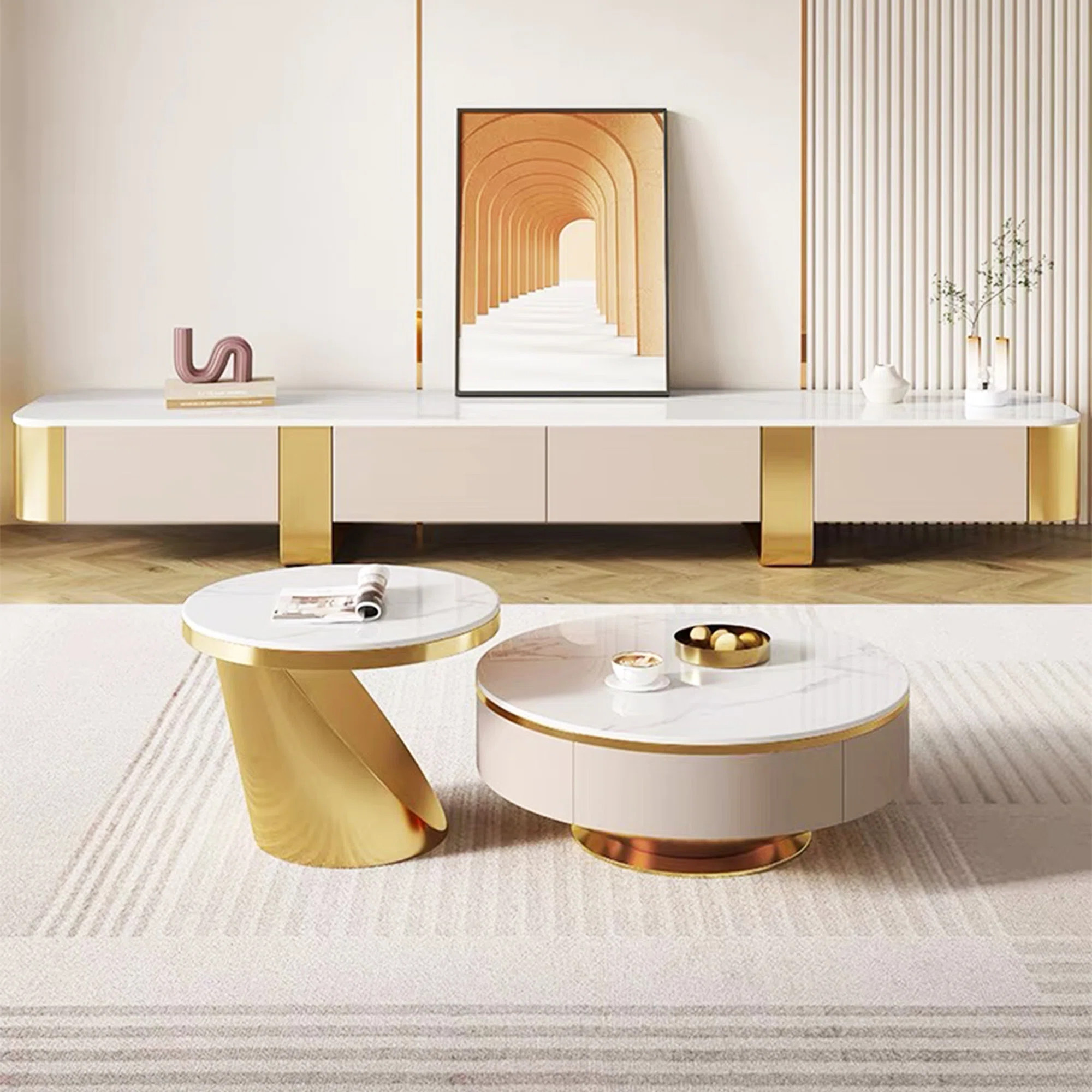 78.7'' Modern TV stands, with White Glossy Sintered stone top, Long Media Consoler with Gold Stai... | Wayfair North America