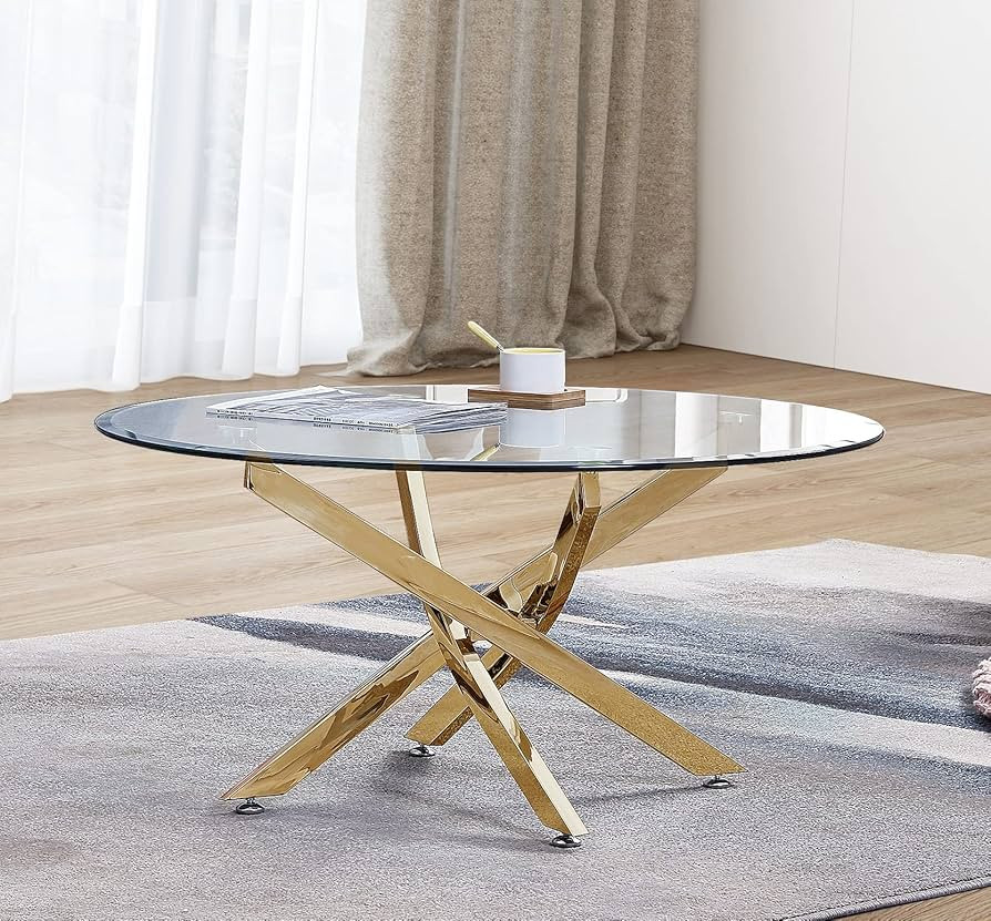 Pvillez Round Glass Coffee Table, 35.43" Modern Tempered Glass Top, Sturdy Chrome Legs, Adjustabl... | Amazon (US)