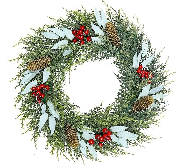 U'Artlines 17" Artificial Christmas Wreath Front Door Wreath with Red Berry Pine Cones Christmas ... | Amazon (US)