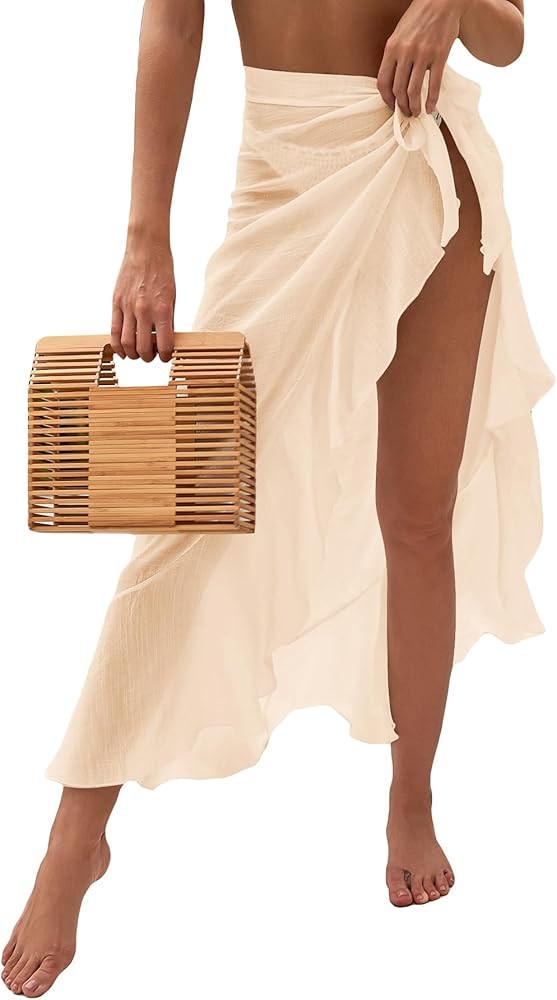 OYOANGLE Women's Mesh Sheer Swimsuit Cover Up Ruffle Tie Side Beach Sarong Wrap Long Skirt | Amazon (US)