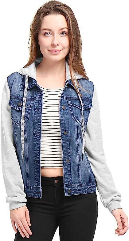 Allegra K Women's Layered Drawstring Hood Denim Jacket W Pockets | Amazon (US)