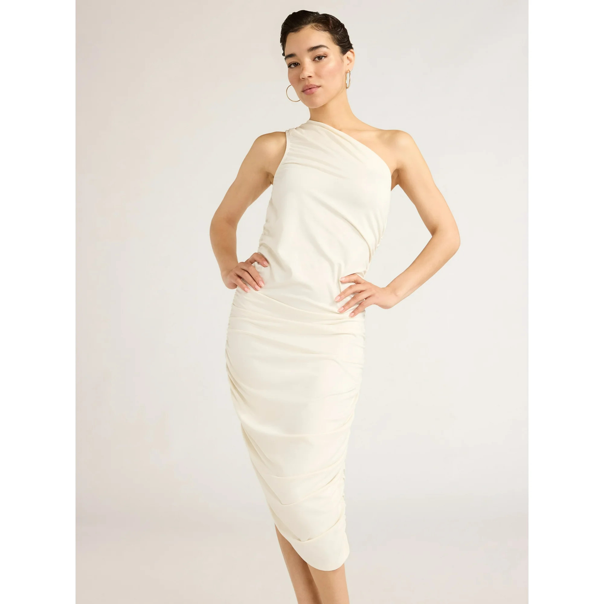 Sofia Jeans Women's One Shoulder Shirred Dress, Below Knee Length, Sizes XS-XXL | Walmart (US)