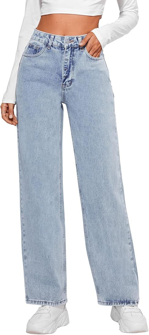 SweatyRocks Women's Casual Loose High Waist Solid Straight Wide Leg Jeans | Amazon (US)