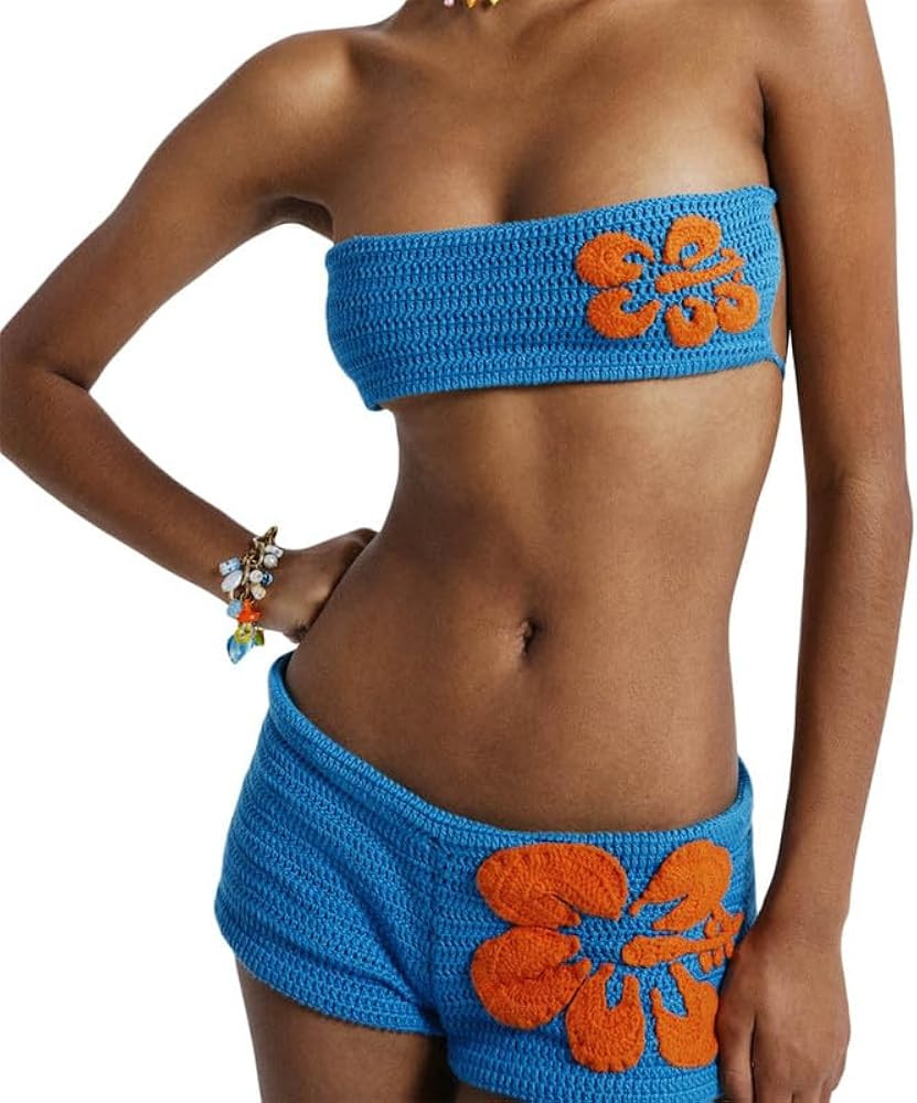 Argeousgor Women Knit Print 2 Piece Shorts Sets Crochet Sleeveless Crop Cami Tops High Waist Shor... | Amazon (US)