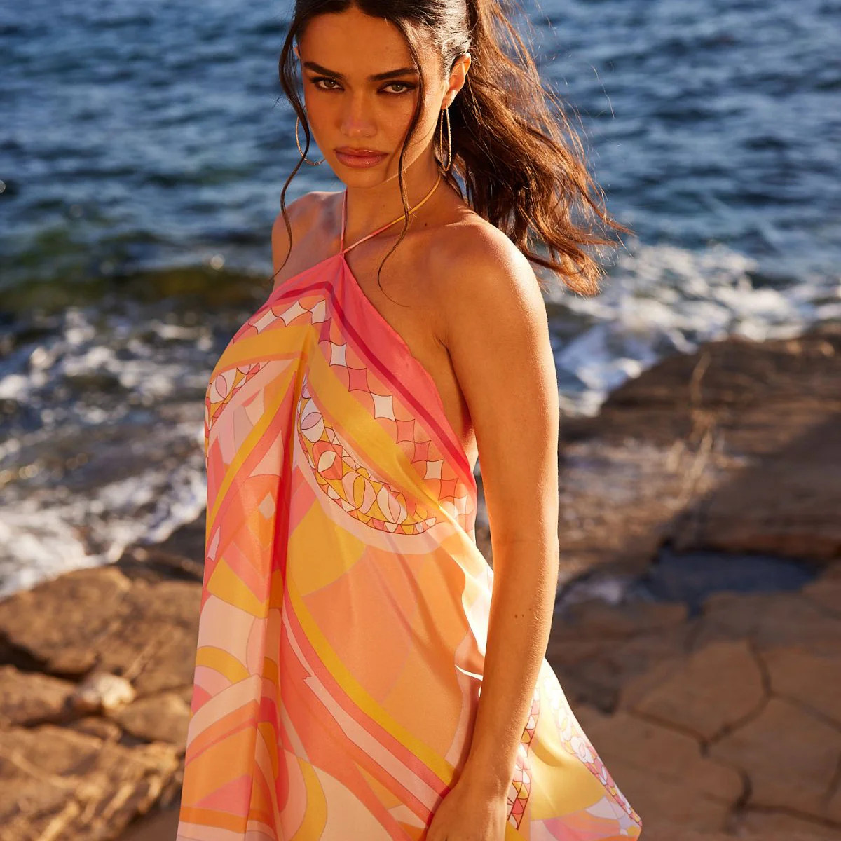 SUNSET SORBET Pink Printed Halter Dress | Noughts and Kisses