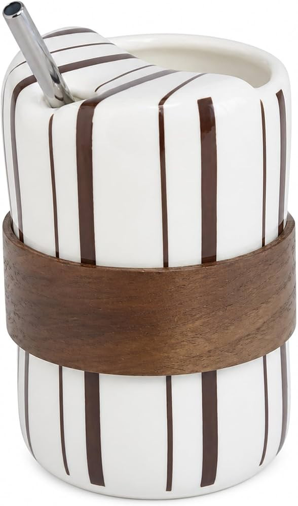 11oz Striped Ceramic Coffee Mug with Splash Guard & Wood Sleeve, Hand-Painted Vintage Stoneware T... | Amazon (US)