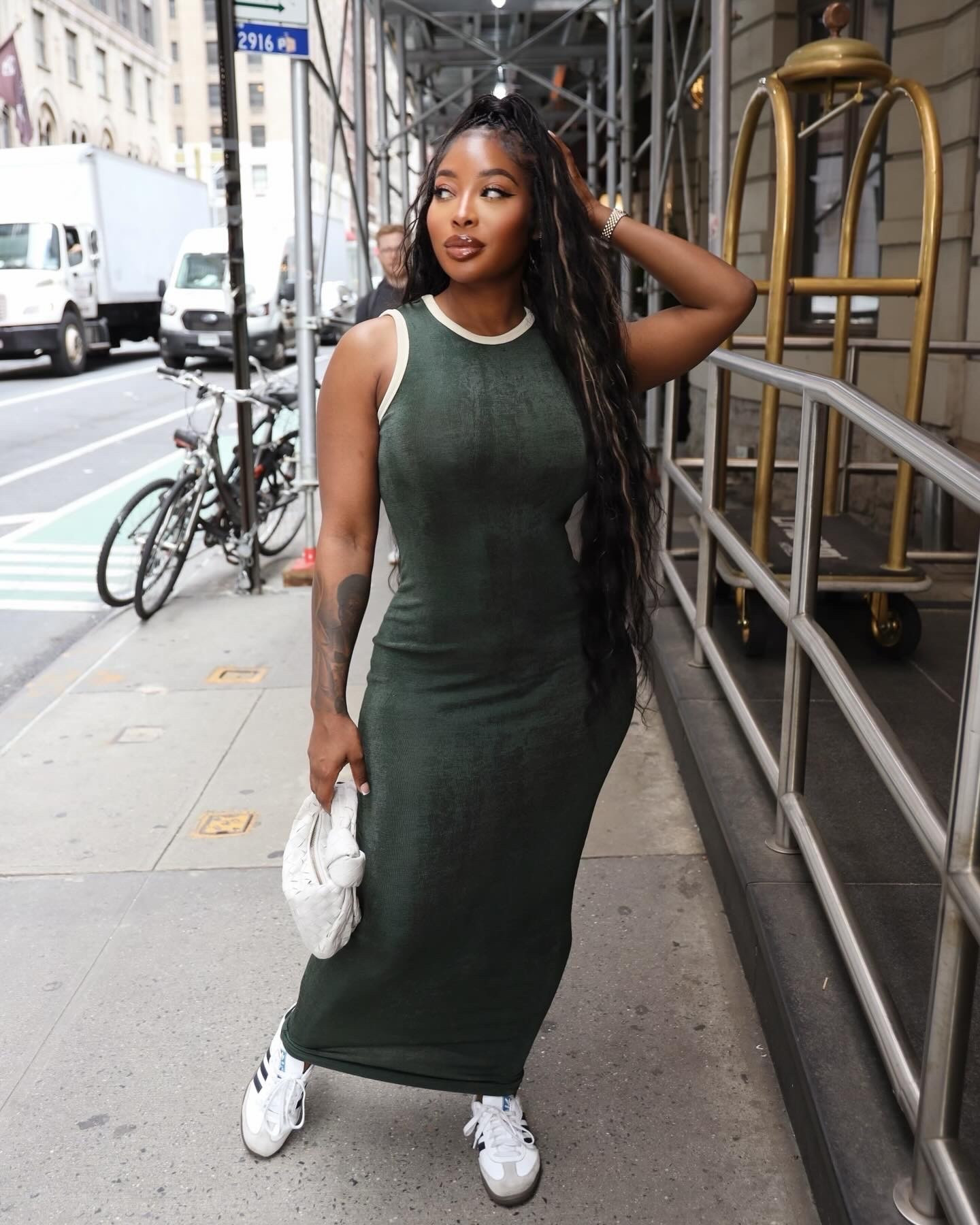 Loved this super cute and comfy dress I wore in NYC for press day. I got it from Revolve and it's a size small, I love the color and the material feels amazing. The stretch is 10/10. Shoes are Adidas Samba, bag is the Jodie by Bottega Veneta (I tagged the original on the Bottega website and some cheaper options on Amazon).

#LTKSummerEdit #LTKStyleTip #LTKFindsUnder100