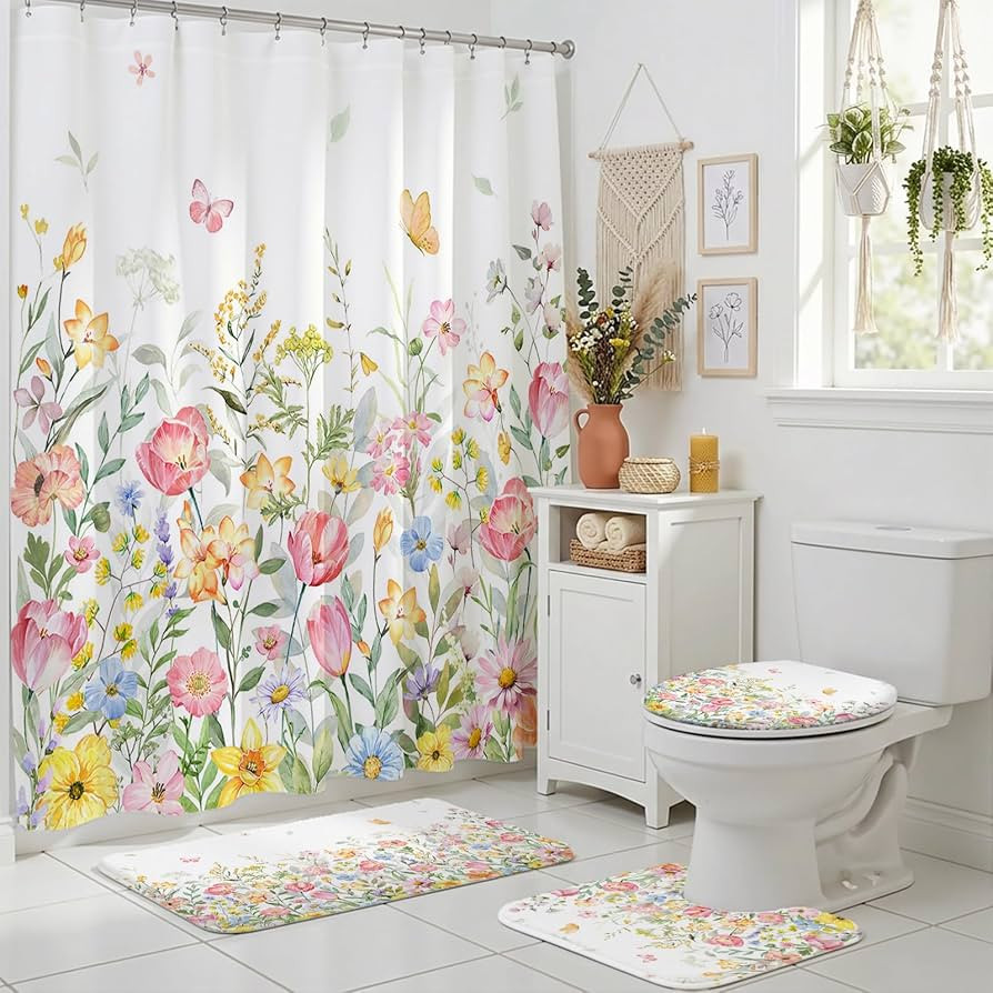 Floral Shower Curtain Set for Boho Floral Bathroom Decor Colorful Rustic Farmhouse Flowers Shower... | Amazon (US)