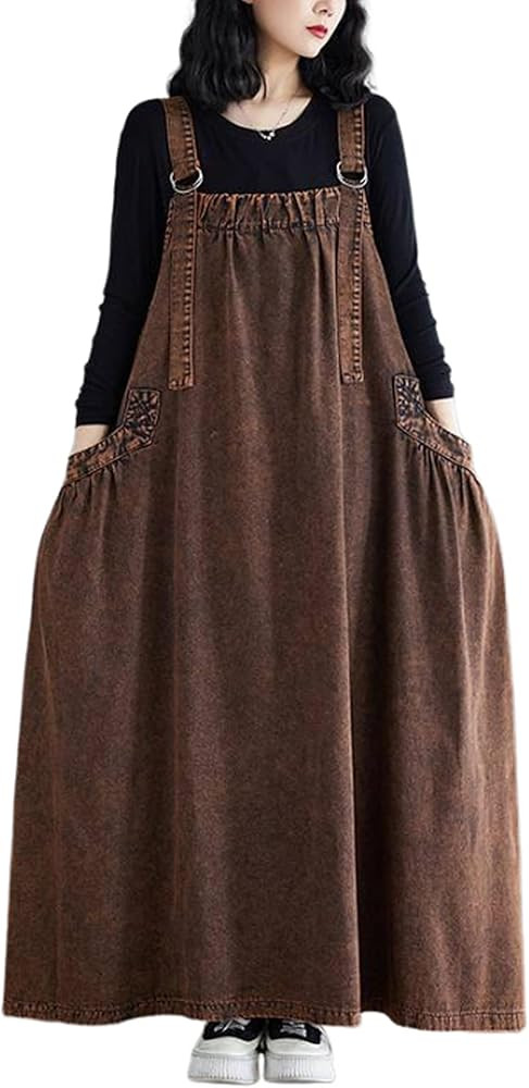 Women's Casual Loose Denim Dress Sleeveless Adjustable Straps Denim Jumper Dress with Pockets | Amazon (US)