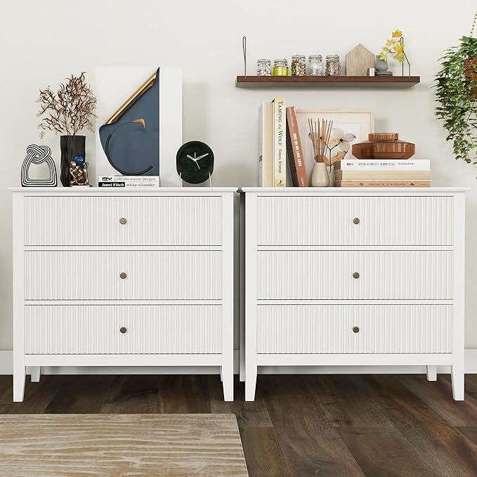 White Fluted 3 Drawer Dresser Set of 2, Wide Chest of Drawers for Closet, Modern Wood Dresser Wid... | Amazon (US)