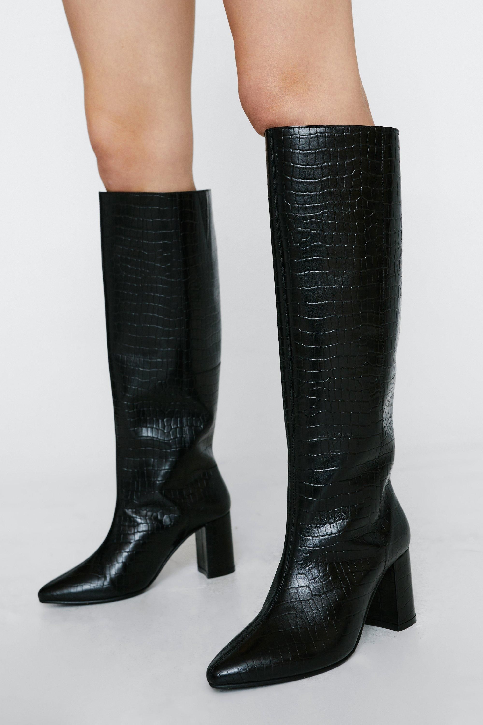Real Leather Pointed Knee High Block Heel Boots | Nasty Gal (US)