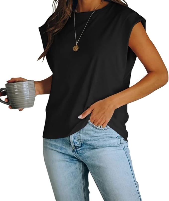 Women's Cap Sleeve Tank Top Crew Neck T Shirts Loose Fit Basic Summer Casual Tee Tops | Amazon (US)