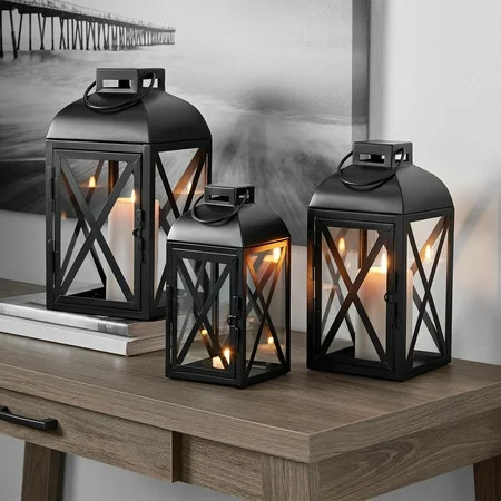 Mainstays Decorative Black Metal Pillar Candleholder Lantern, 14", Large | Walmart (US)