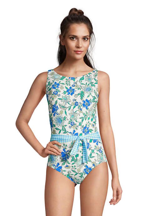 Women's Chlorine Resistant Tummy Control High Neck Belted One Piece Swimsuit | Lands' End (US)