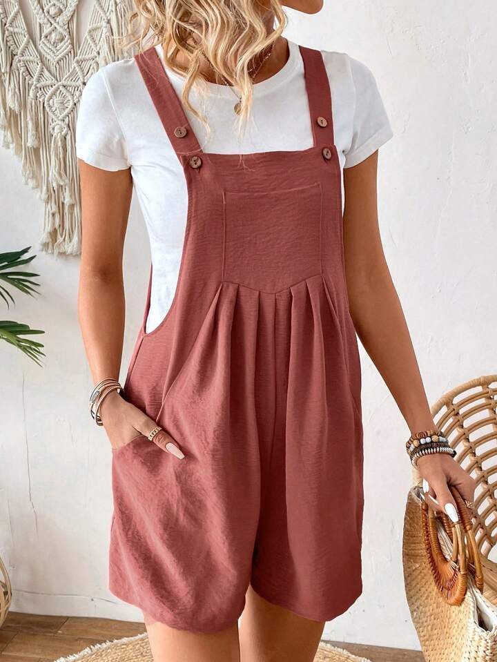 SHEIN VCAY Women's Pleated Solid Color Loose Jumpsuit With Multiple Pockets For Summer Casual Wea... | SHEIN