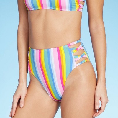 Women's Strappy High Leg High Waist Bikini Bottom - Xhilaration™ Bright Stripe | Target
