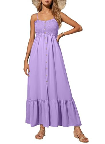 Dokotoo Womens Summer Dresses 2026 Resort Wear for Women Sleeveless Button Down Smocked Empire Waist Spaghetti Straps Casual Cute A-Line Flowy Maxi Long Dress Beach Vacation Sundresses Purple Medium | Amazon (US)