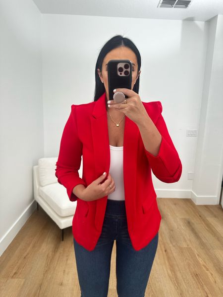 Scoop Women's Relaxed Scuba Knit Blazer with Scrunch Sleeves wearing racing red size small. Sofia Jeans Women's Melissa Flare Pull On High Rise Jean wearing size 6. Nuuds SEAMLESS SCOOP TANK BODYSUIT wearing size medium. Gucci Leather mid-heel sandal. 
