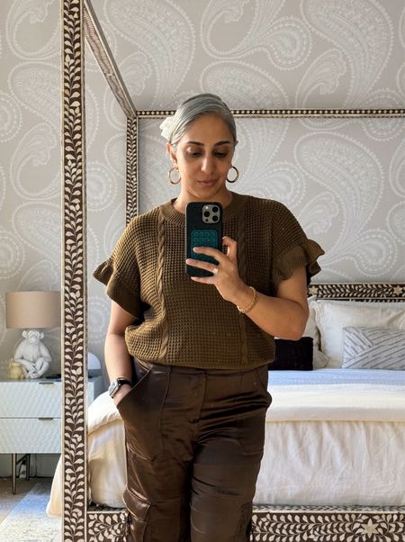 These satin cargo pants are the literal best - insanely comfortable and really flattering. I own them in black as well.
Chocolate is an underrated neutral, but can be festive when paired with cream or red accessories. I wore this to my kids’ holiday concert at school.

#LTKmidsize #LTKSeasonal #LTKHoliday