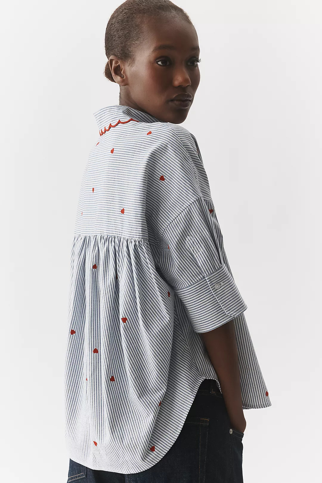 The Mabel Embroidered Scalloped Collar Boxy Oxford Shirt by Maeve | Anthropologie (US)