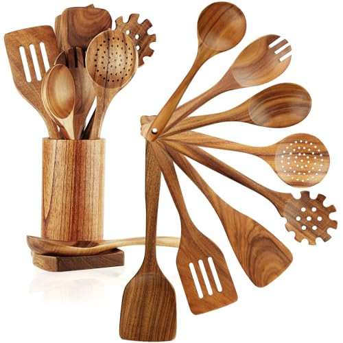 FJNATINH Wooden Spoons for Cooking, 10 Pcs Teak Wooden Cooking Utensil Set with Holder, Wooden Kitchen Utensils Set for Nonstick Pans & Cookware | Amazon (US)