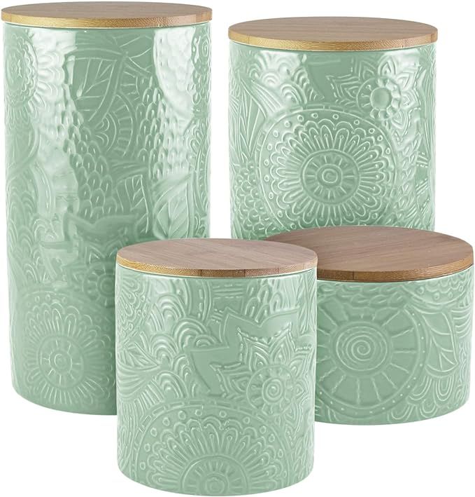 American Atelier Embossed Canister Set 4-Piece Ceramic Set Jar Container with Wooden Lids for Coo... | Amazon (US)