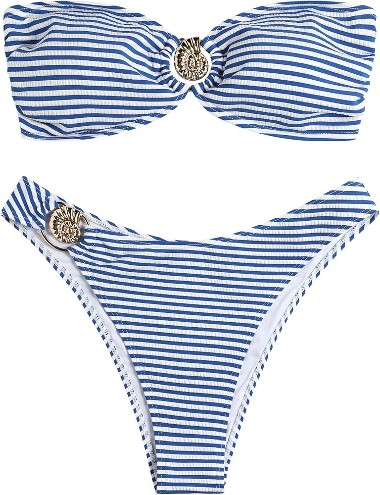 ZAFUL Women's Bandeau Bikini O Ring Strapless Tie Back High Cut Two Piece Swimsuit Bathing Suits | Amazon (US)