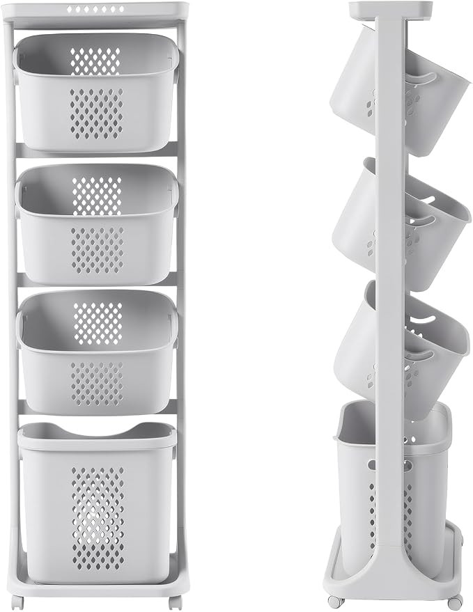 4 Tier Rolling Laundry Sorter Cart, Laundry Hamper with Wheels and Removable Baskets, Narrow Laun... | Amazon (US)
