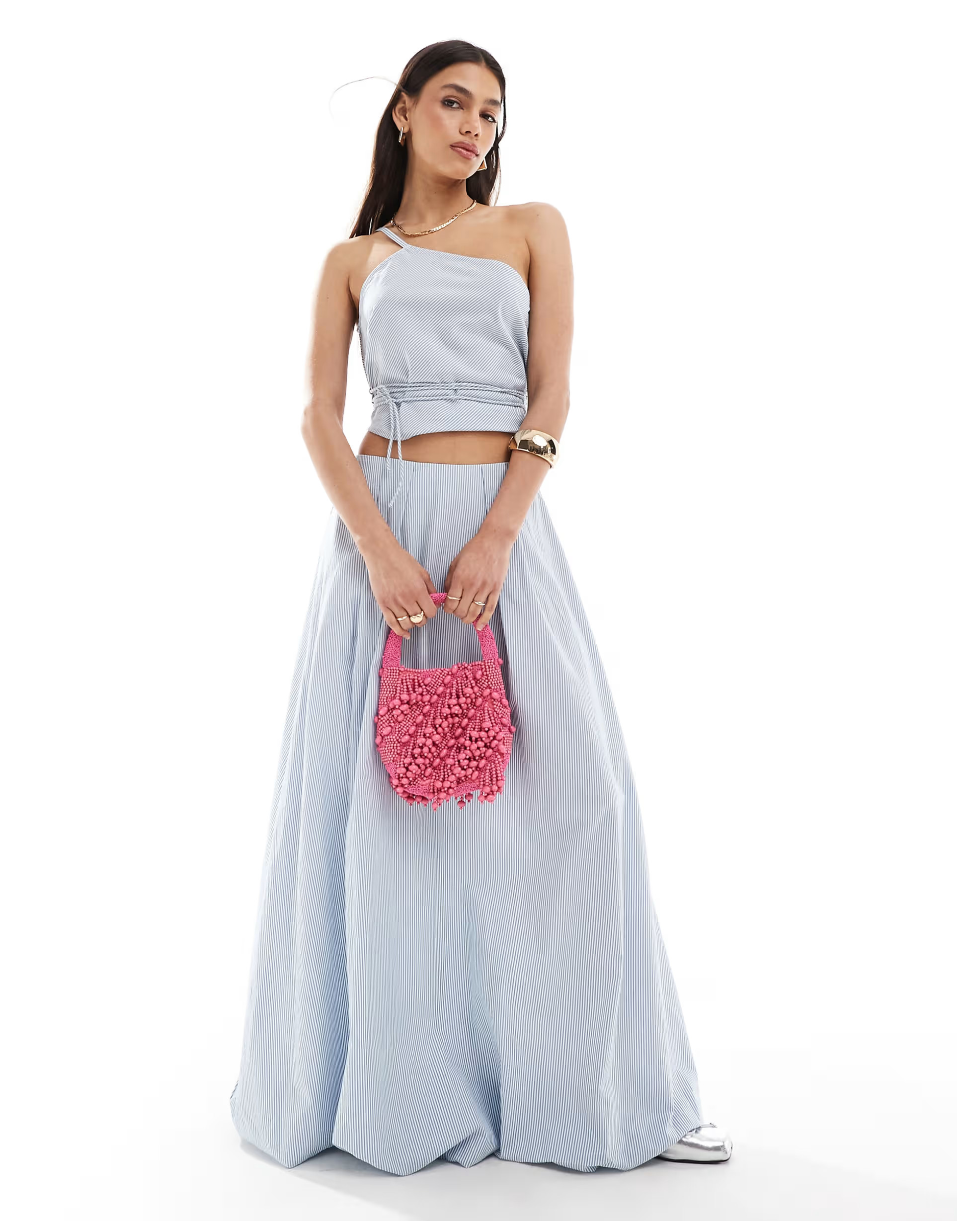 ASOS DESIGN bubble hem co-ord maxi skirt in blue stripe | ASOS (Global)