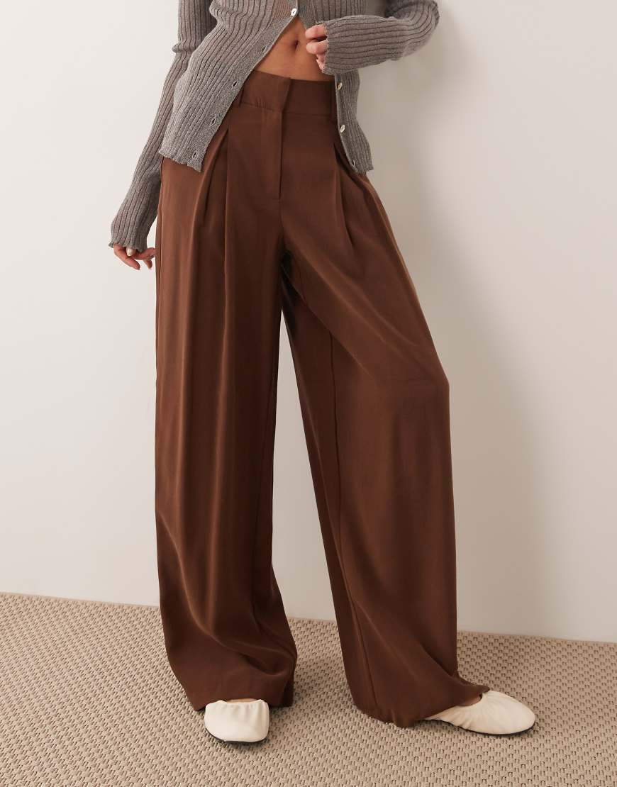 AWARE high waisted pleat front pants in chocolate brown | ASOS (Global)