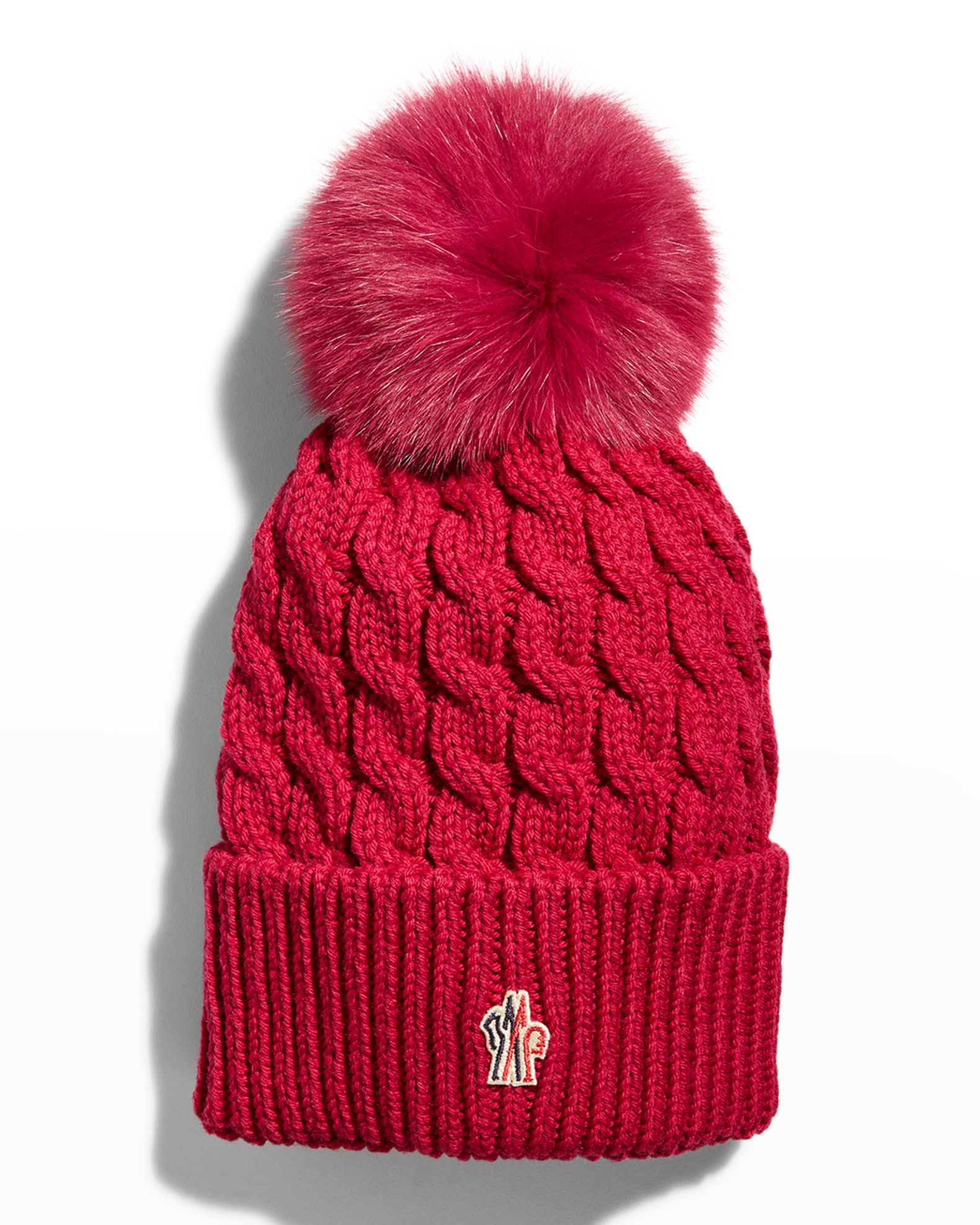 Moncler Wool Cable-Knit Fur Pom Beanie | Neiman Marcus