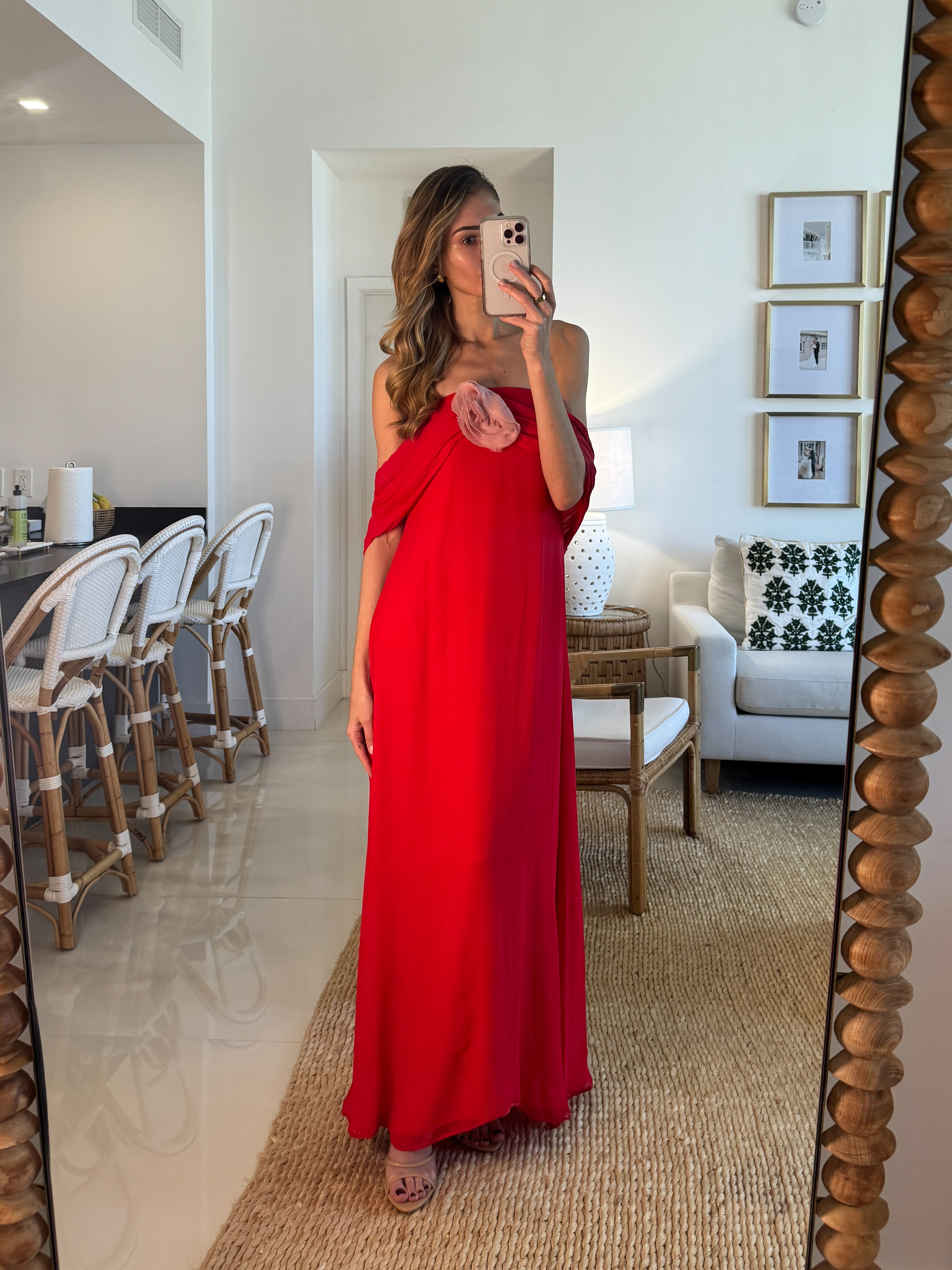 Bernadette Daffodil Dress. 💫 Wearing a size 2. I'm 5'10" for reference. Tags: bernadette daffodil dress, bernadette dress dupe, bernadette dress dupes, bernadette red dress dupe, red maxi dress, red formal dress, red wedding guest dress, red bridesmaid dress, red gala dress, red evening gown, off the shoulder maxi dress, draped maxi dress, rosette maxi dress, summer wedding guest dress, red black tie dress