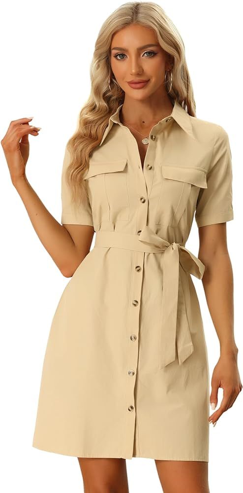 Allegra K Women's Safari Dress Summer Collared Button Down Cotton Belted Shirtdress | Amazon (US)