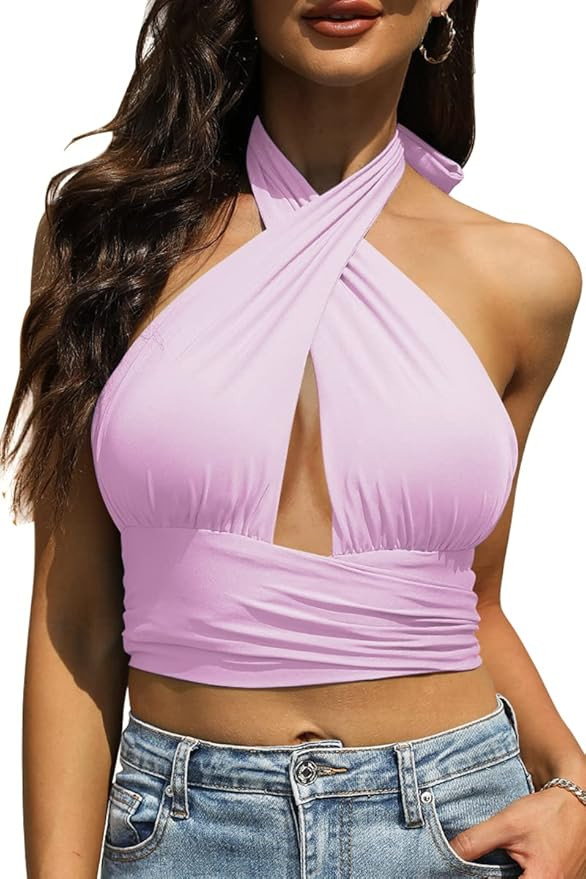 WYNNQUE Women's Sexy Crop Tops Criss Cross Halter Top Cute Wrap Party Top Backless Tank Top | Amazon (US)