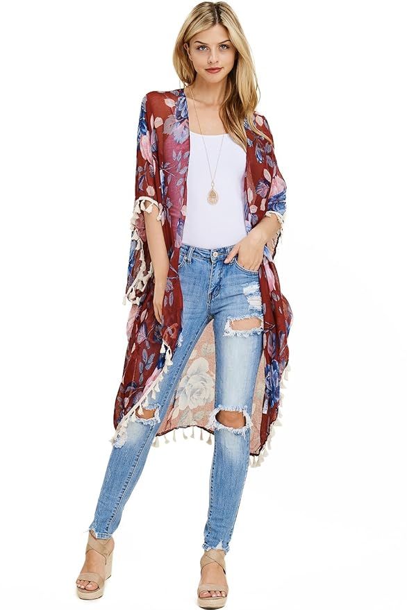 Lightweight Sheer Open Shawl Cardigan - Tassel Floral Robe, Animal Print Kimono, American Flag Co... | Amazon (US)