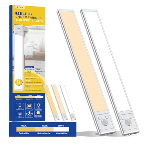 Under Cabinet Lighting, 88 LED Motion Sensor Under Cabinet Lights 3 Colors & Adjust Brightness for Kitchen, Wireless USB Rechargeable Under Counter for Kicthen、Closet (2 Pack) | Amazon (US)