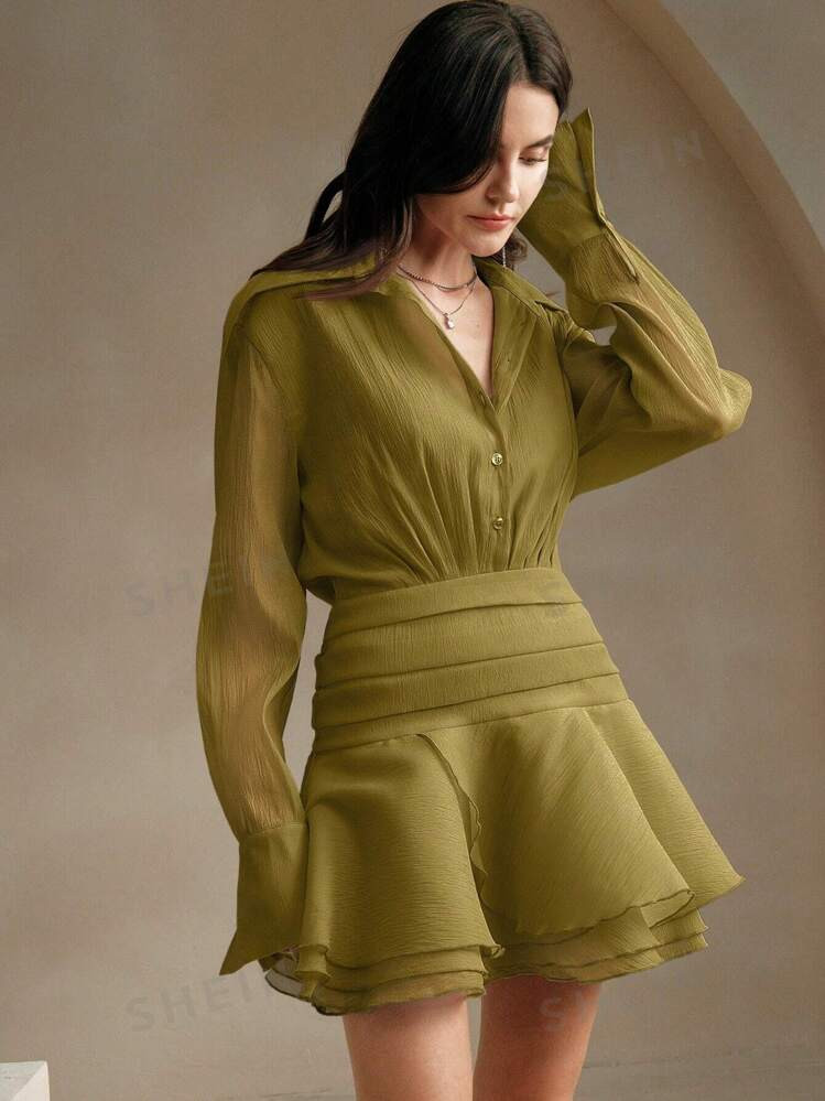 Anewsta Ruffle Trim Casual Smock Dress With Dropped Waist | SHEIN