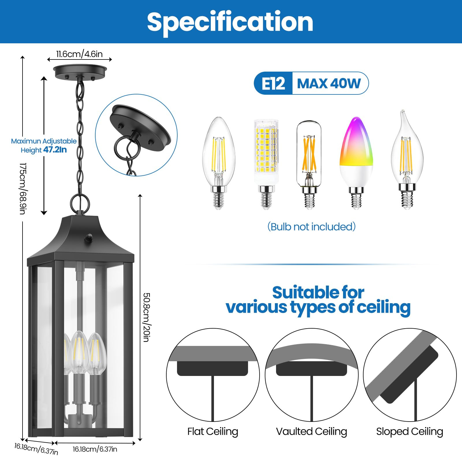20" Large Outdoor Pendant Light Fixtures 3-Light, Black Dusk to Dawn Exterior Hanging Lantern Adj... | Amazon (US)