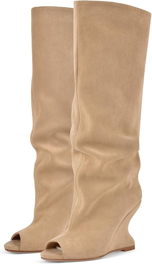 Rhineshell Women's Wedge Knee High Sandal Boots Peep Toe Slouchy Pull On High Heels | Amazon (US)