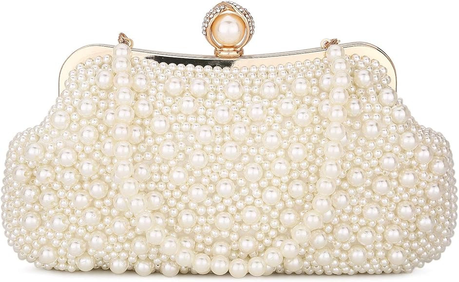 UBORSE Women Pearl Clutch Bag Noble Crystal Beaded Evening Bag Wedding Clutch with Pearl Chain | Amazon (US)