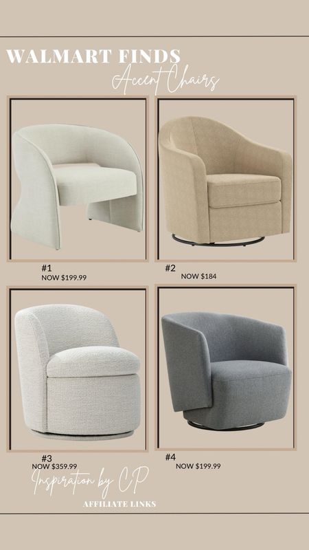 WALMART ACCENT CHAIRS ON SALE
Walmart.com- @walmart
Accent chairs, swivel chairs, performance fabric, velvet, boucle, living room furniture, home office chairs, modern furniture, modern home

#LTKhome #LTKsalealert